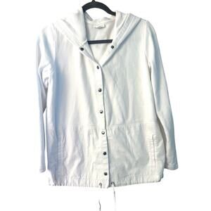 J Jill White Button Up Hooded Sweatshirt Sz Sm Cotton Beachy Coastal Resort